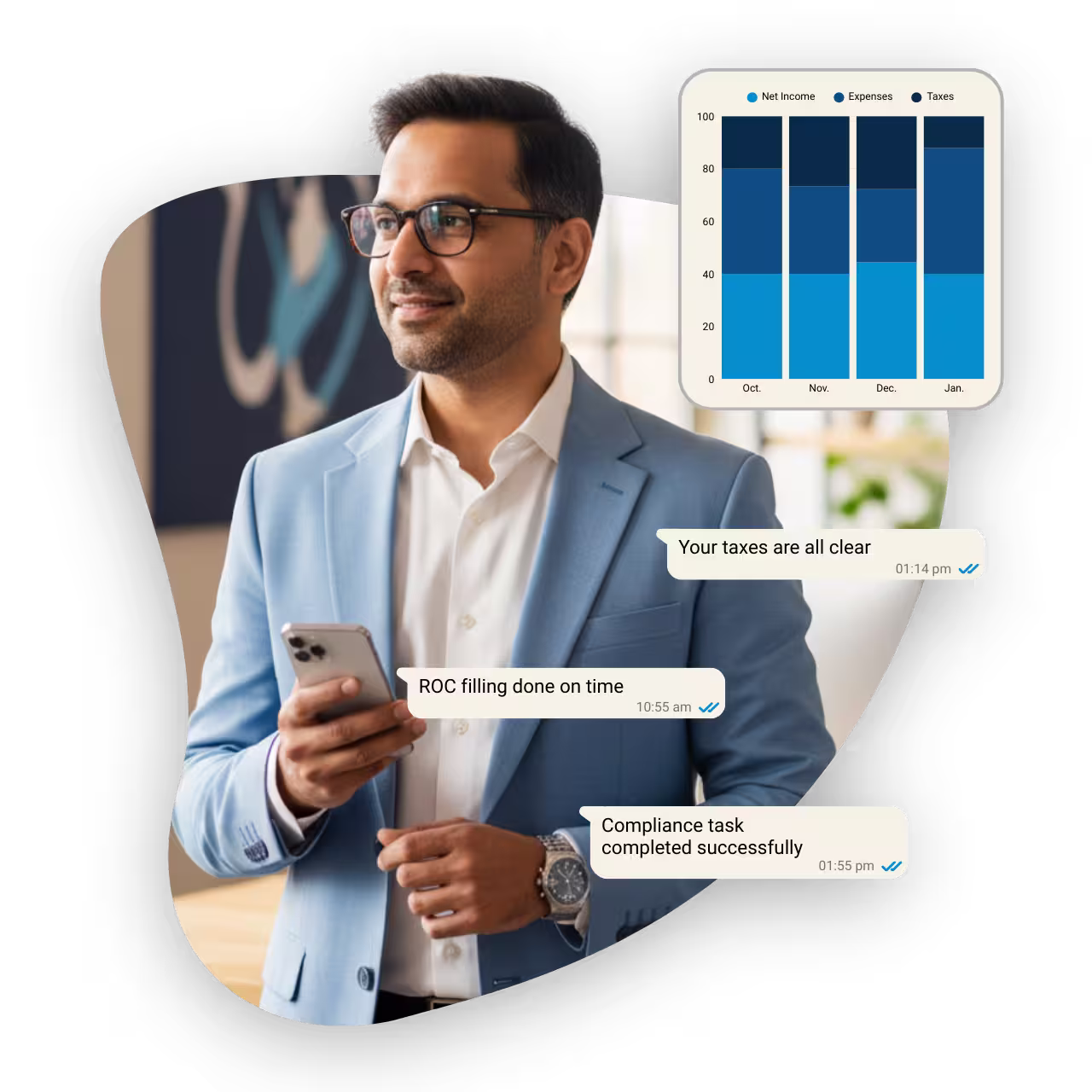 Indian professional smiling while holding smartphone with notifications showing taxes, ROC filing, and compliance tasks completed on time